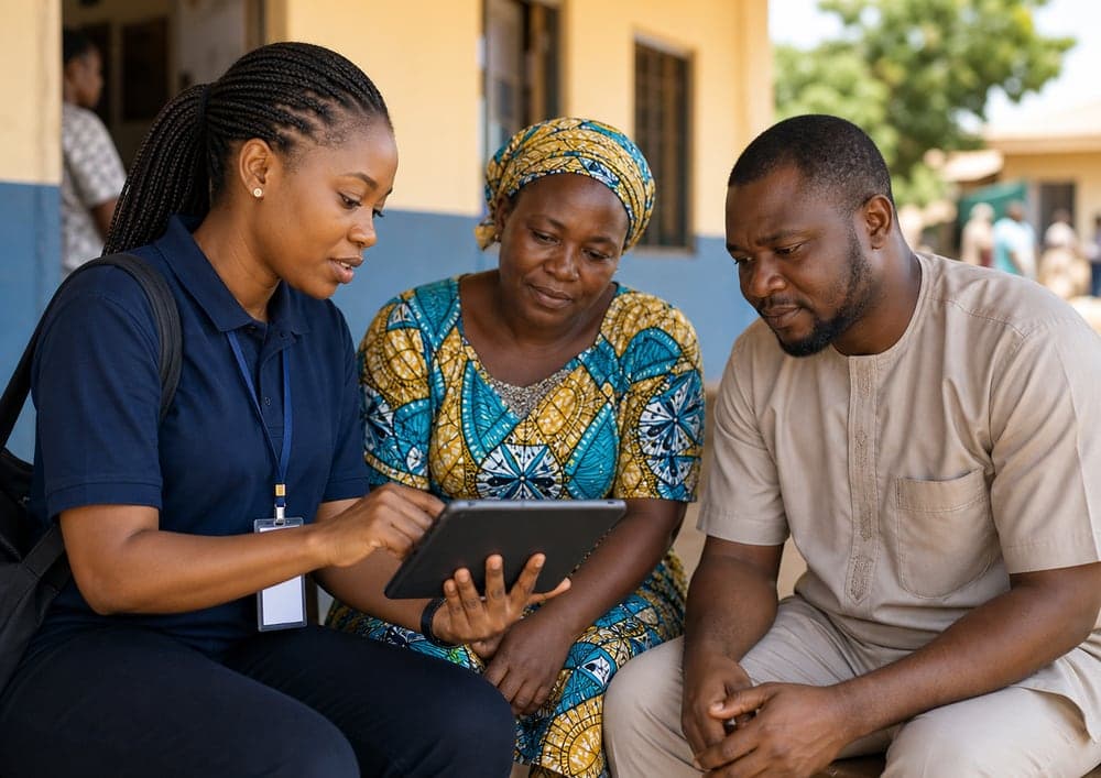 Field researcher collecting survey responses with a tablet